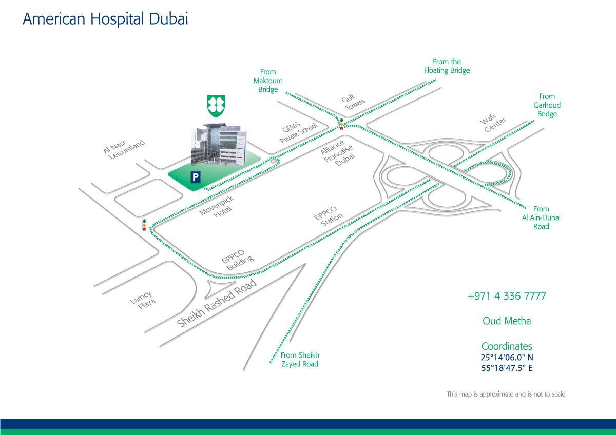 carte de l'hôpital Américain de Dubaï
